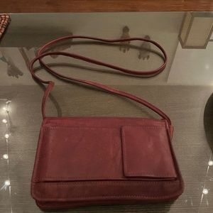 Dark reddish brown leather crossbody/cell home /travel purse with mirror.